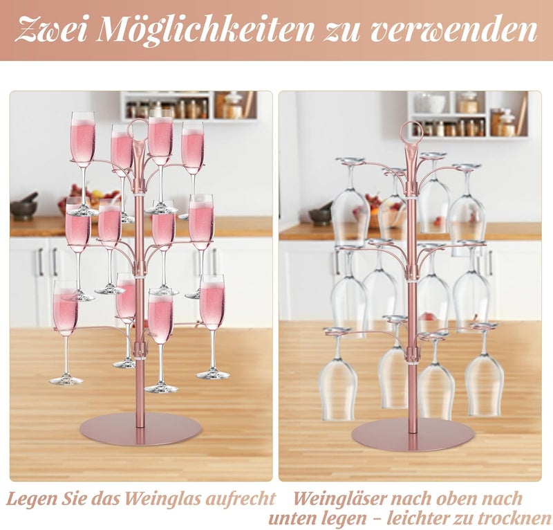 KUK Cocktail Tree Stand for Party, Metal Drink Tower with 3 Tier 12 Holders, Bar Drinks Tree Display Wine Glasses Holder Suitable for Champagne Cocktails Martini at Christmas Weddings Bridal Shower (Rose Gold) - Image 4